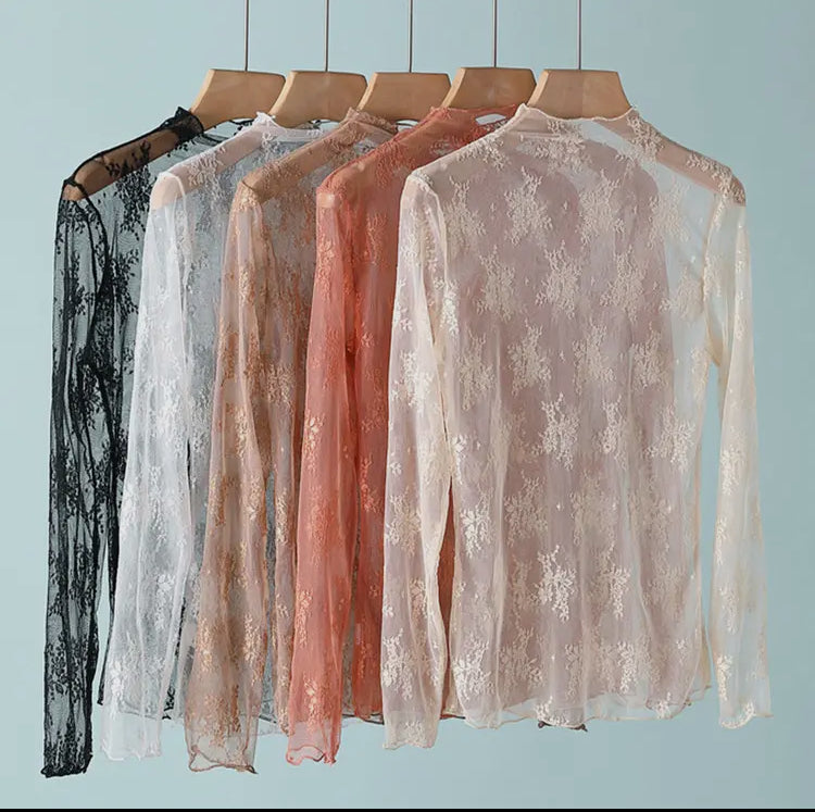 Semi Sheer Mesh Lace Slim Bottoming Shirt